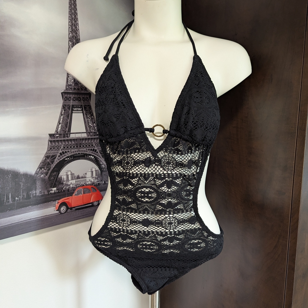 Elegant Black Lace Halter Bodysuit